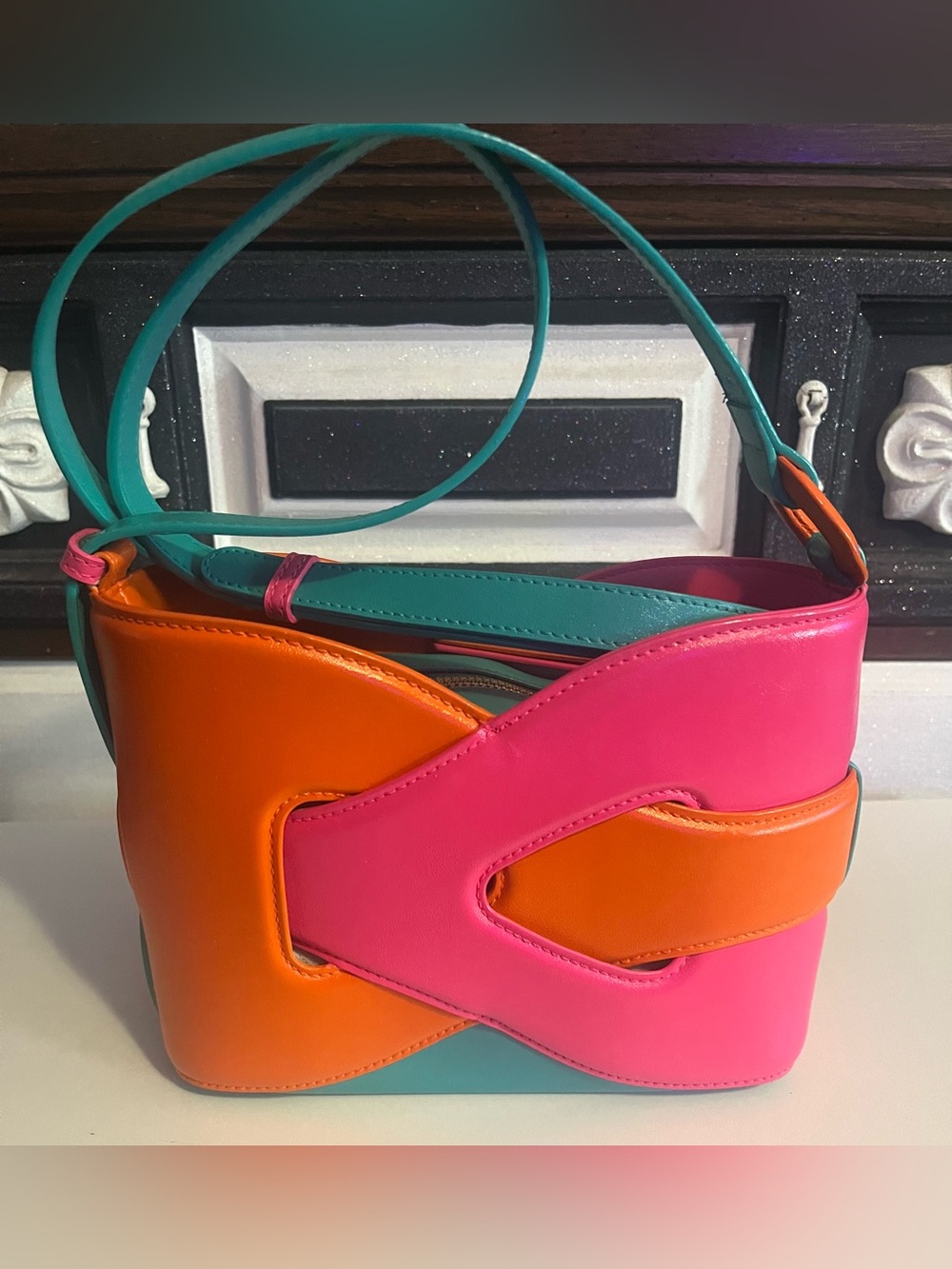 Vibrant Colorblock Crossbody Bag in Orange, Pink & Teal Custom Painted - Picture 3 of 8